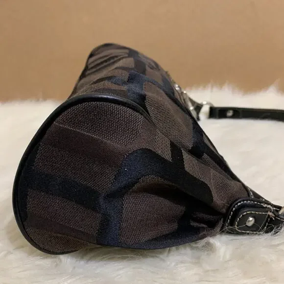 NINE WEST Vintage Y2K Dark Brown & Black Logo Pattern Canvas Hobo Shoulder Bag - Picture 8 of 10